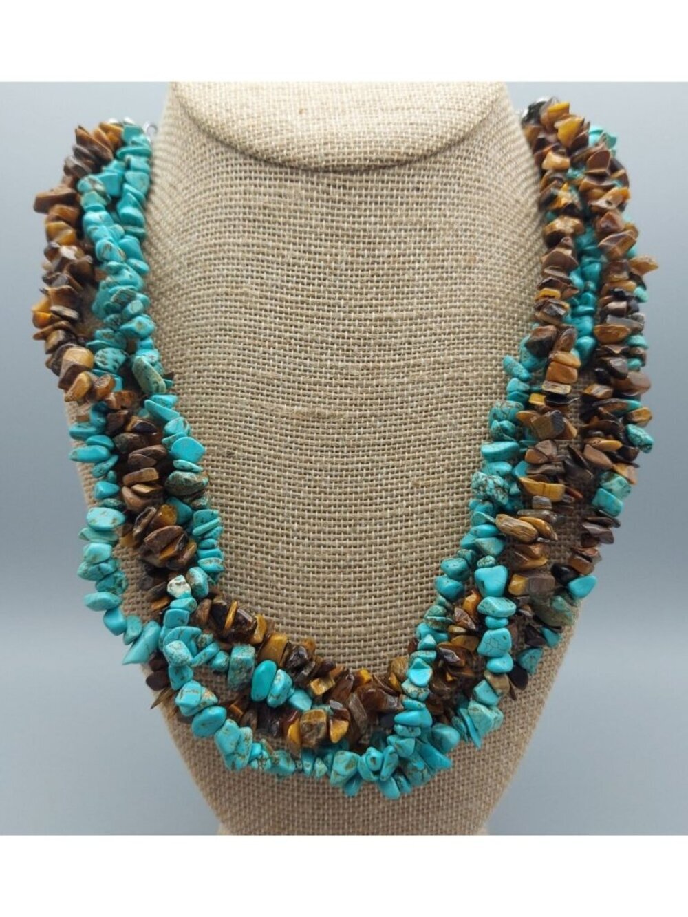Artisan Boho Multi Strand Faux Turquoise & Tigers Eye Chip Stone Collar Necklace